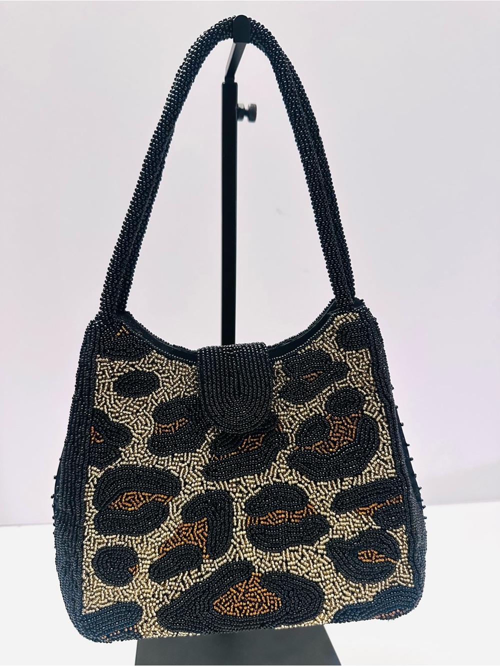 Handmade Leopard Print Beaded Elegance • Ornate Black & Gold  Evening Bag • NWOT